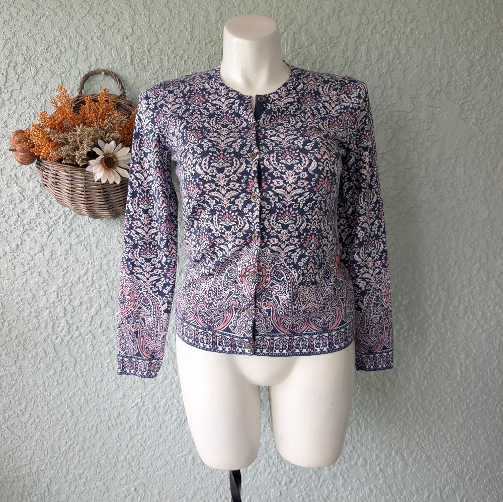 J. McLaughlin Blue and Pink Patterned Cardigan Size‎ L